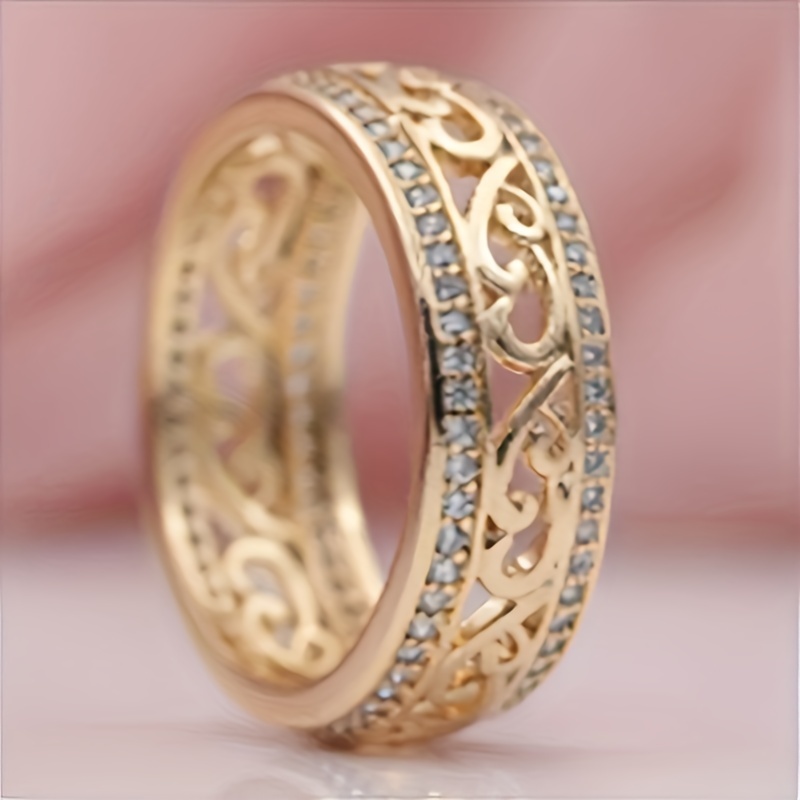 Engrave Flower Texture Wide Ring with Rhinestone Inlay - Delicate Accessory